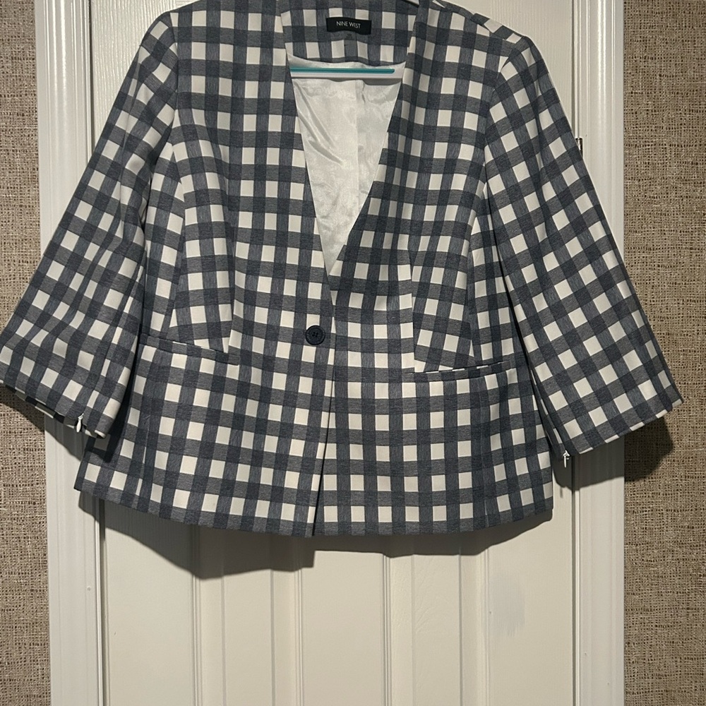 Nine West Black and White Gingham Blazer with 3/4 Sleeves